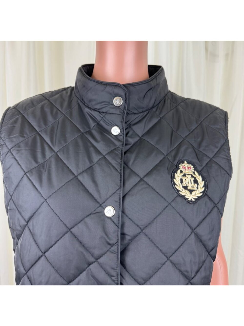 Ralph Lauren Quilted Vest Black RLL Crest Patch Diamond Quilt Womens L 84922T - Picture 5 of 13